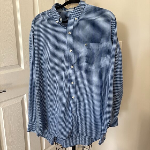Izod Men's Non-Iron Stretch Blue & White Plaid Long Sleeve Button Down Shirt XL - Picture 1 of 4